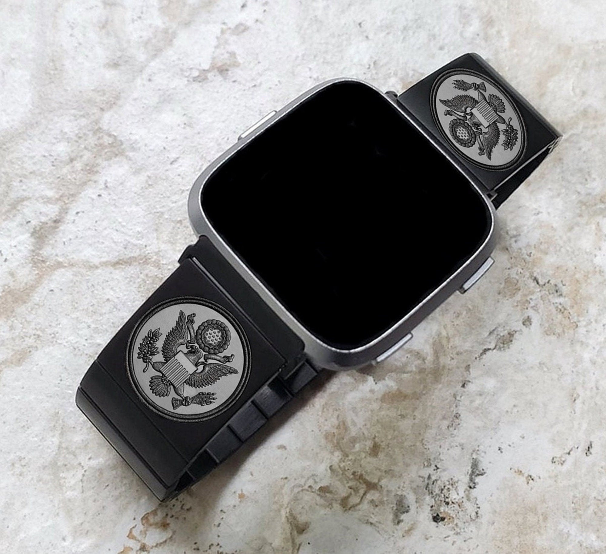 Engraved Watch Band Compatible with Fitbit Versa Lite 2 3 4 and Sense 2 Smartwatches Black Color Stainless Steel Bracelet Strap AS1